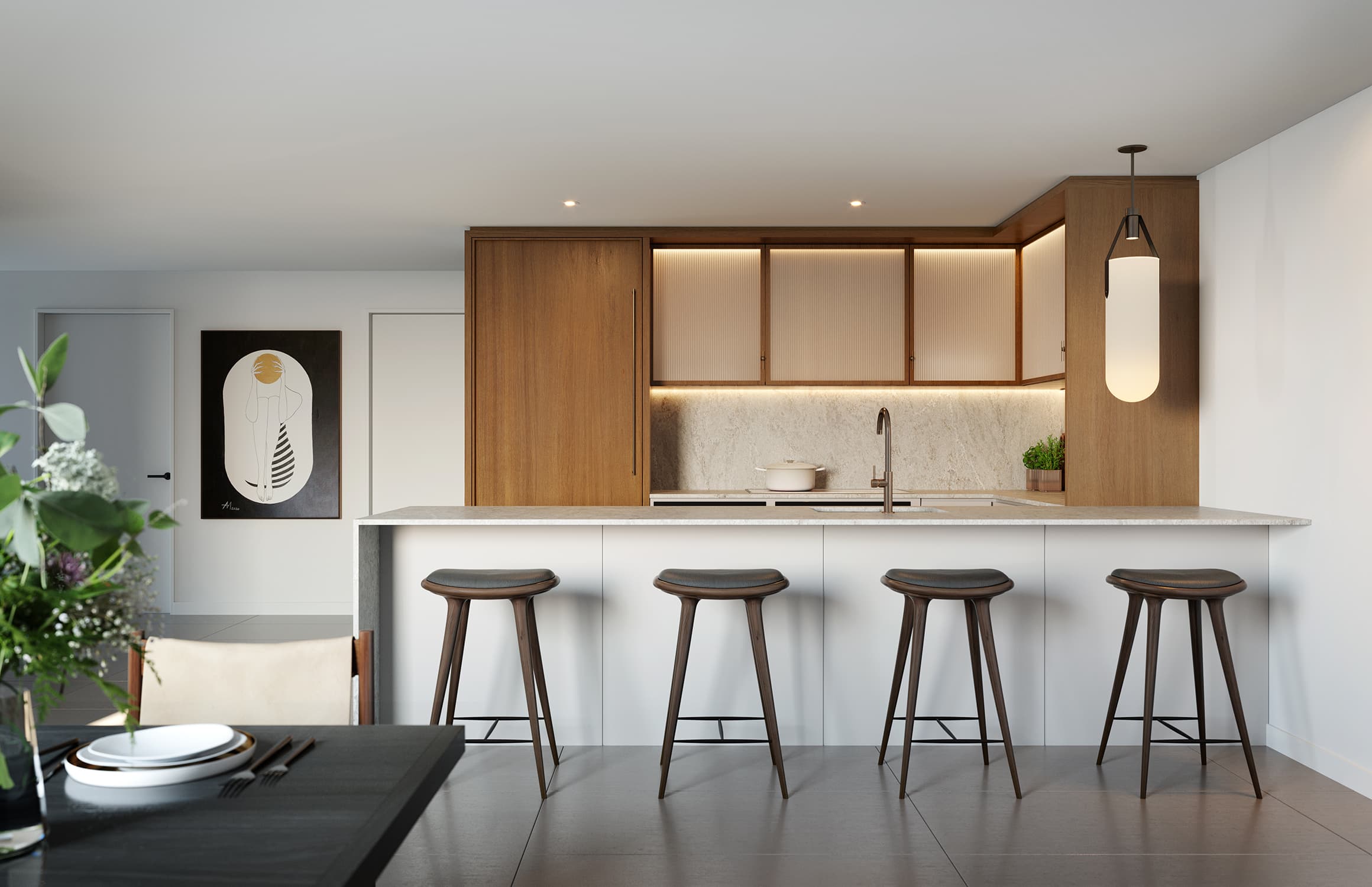 Cocina con isla de mármol y acabados premium en 2200 Brickell