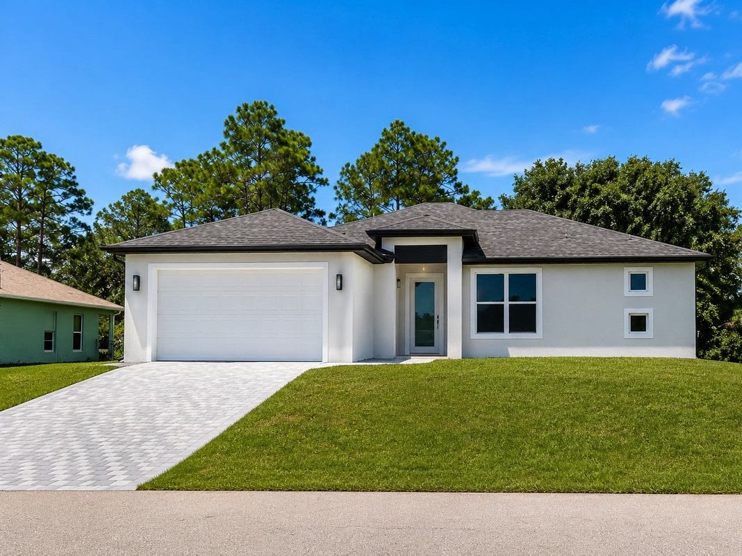 Front of one of the new homes in Lehigh Acres: single story, two-car garage and a front lawn