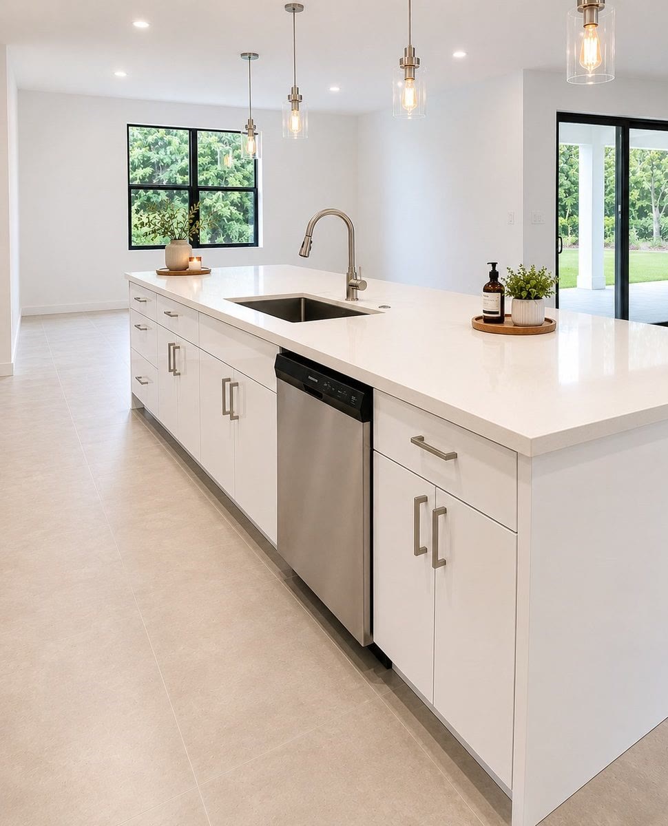 Kitchen island with sink, stainless steel dishwasher and windows behind