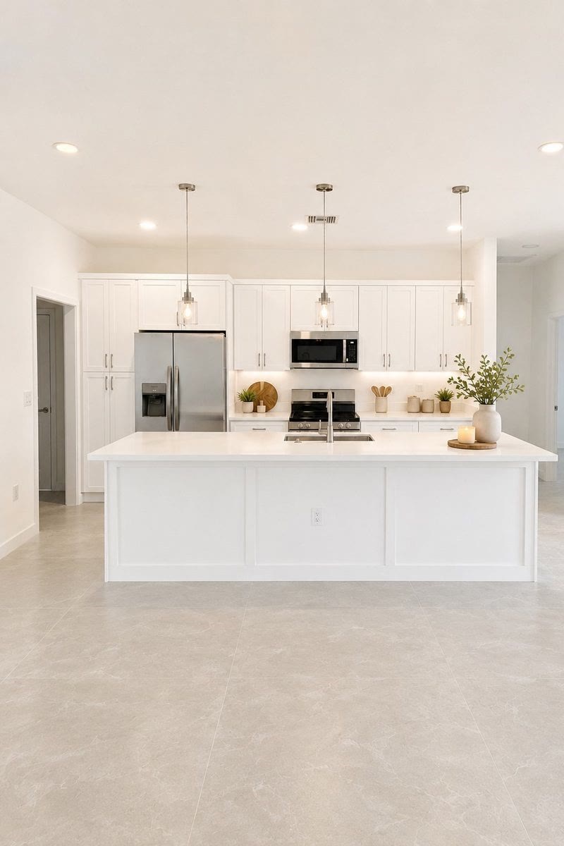 White kitchen with center island, ceiling-height cabinets and pendant lights