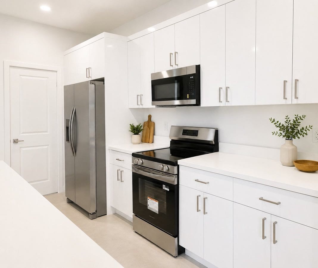 Kitchen wall with stainless steel refrigerator, range and microwave