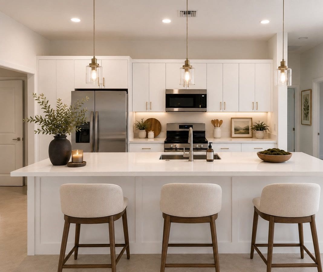Kitchen island with three stools and pendant lights, virtually staged