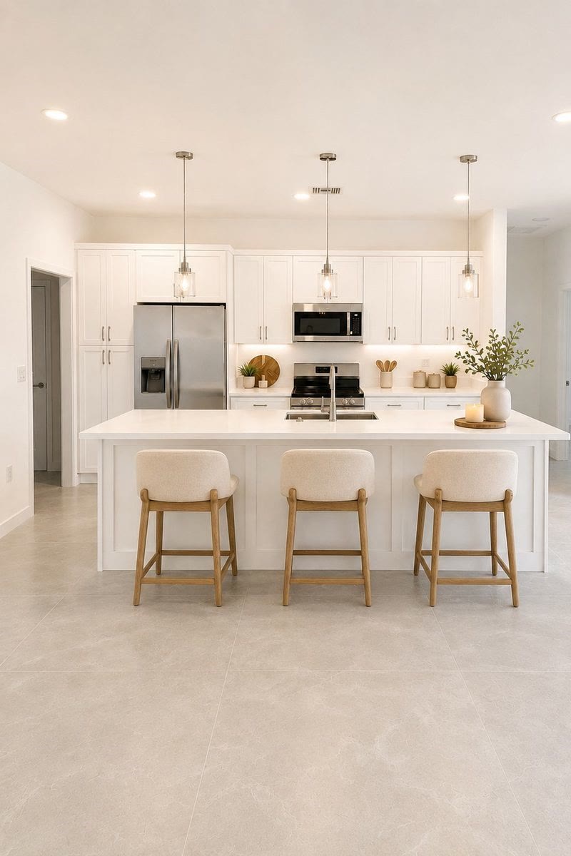 Kitchen and island seen from the living room, with virtually staged stools