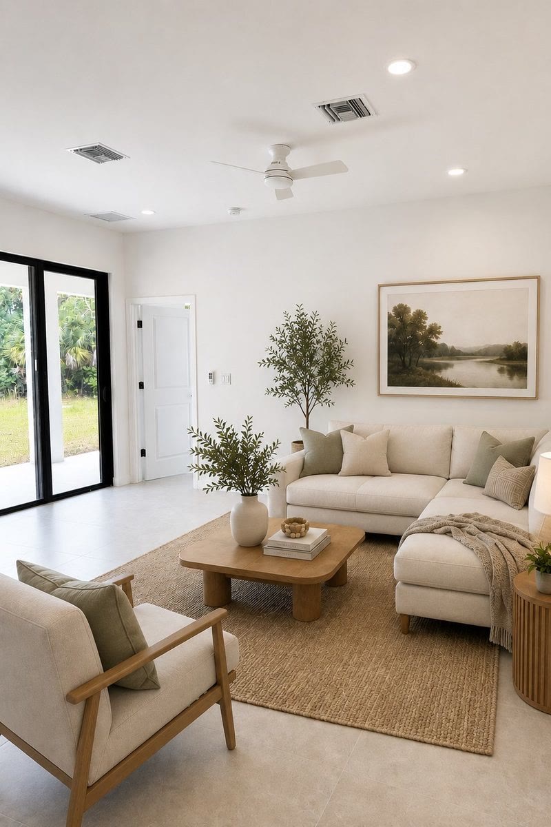 Living room with sliding doors to the lanai and a ceiling fan, virtually staged furniture