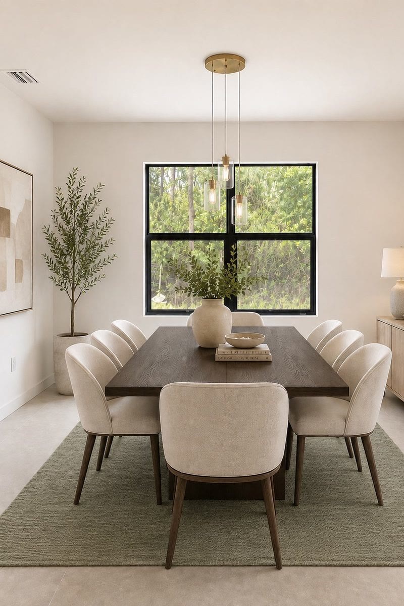 Dining area by the window with a table for eight, virtually staged