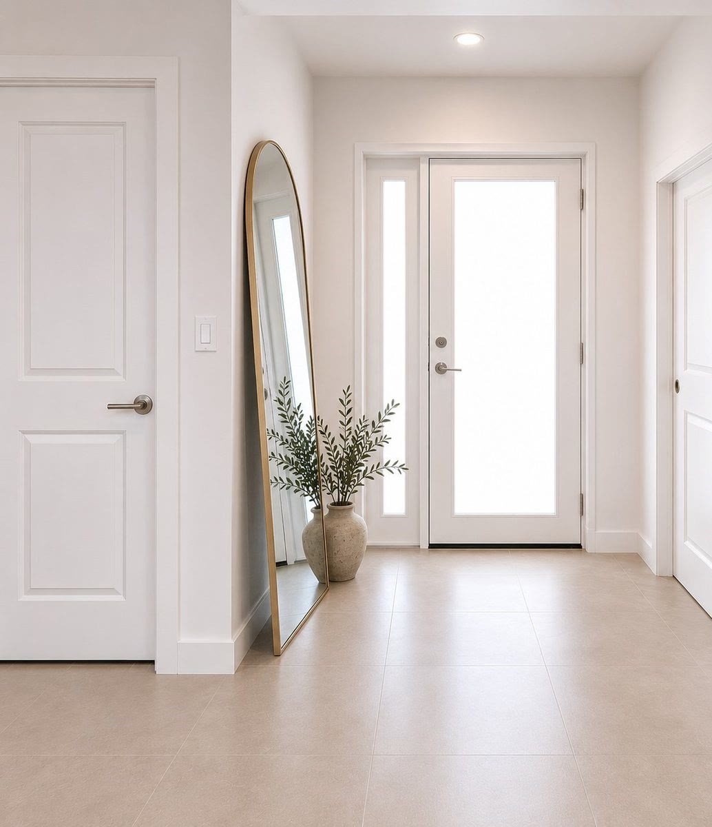 Entry with glass front door and a virtually staged mirror