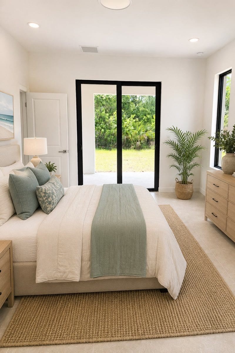 Primary suite with bed, sliding doors to the lanai and virtual staging