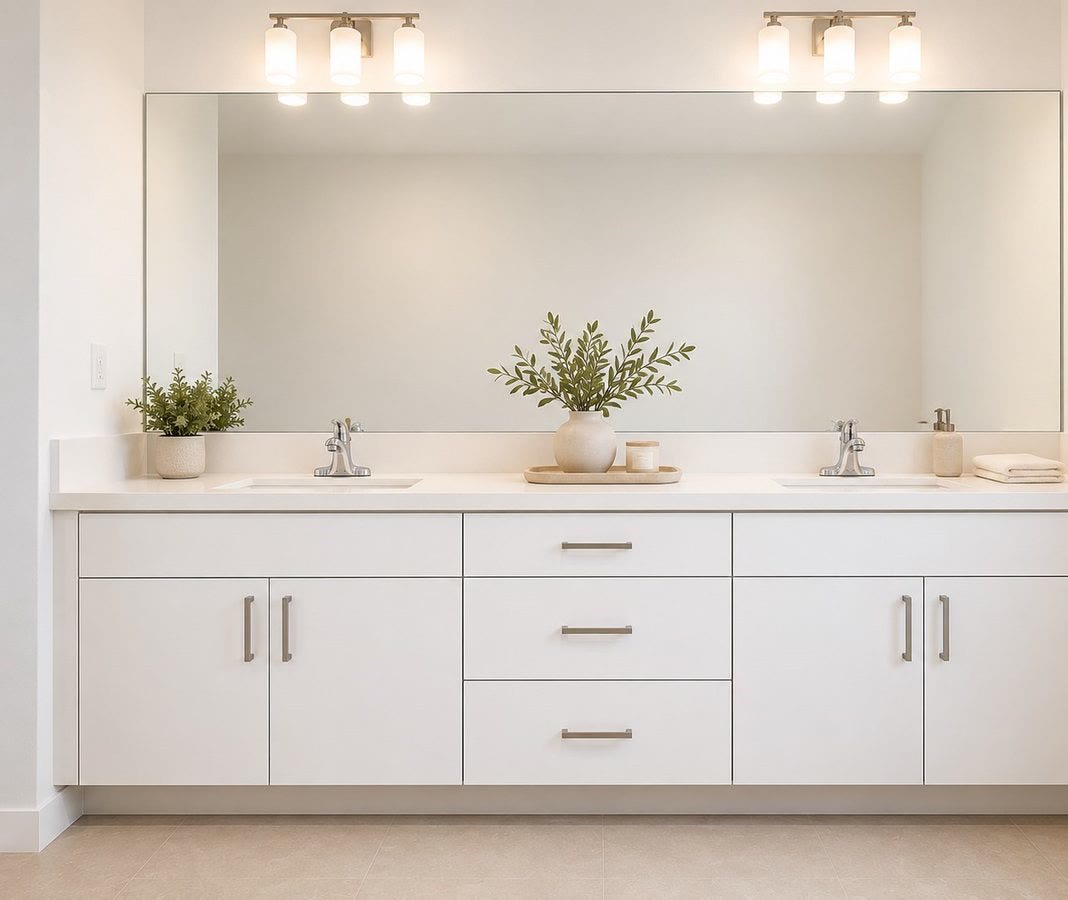 Primary bath with double vanity, wide mirror and lights above the mirror