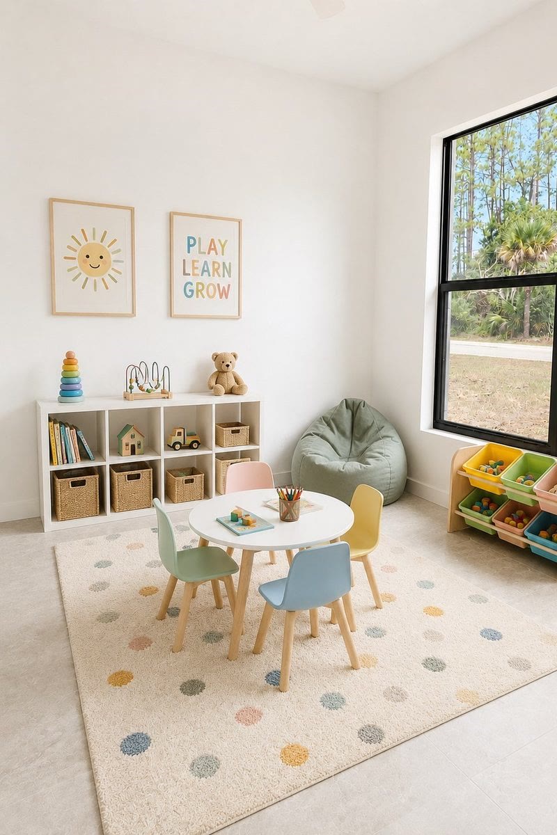 Secondary bedroom with a window and virtually staged furniture
