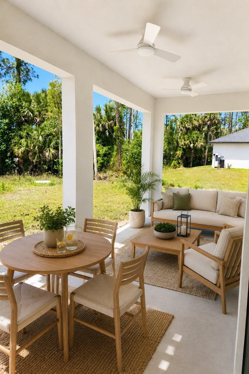 Covered lanai overlooking the backyard, virtually staged furniture