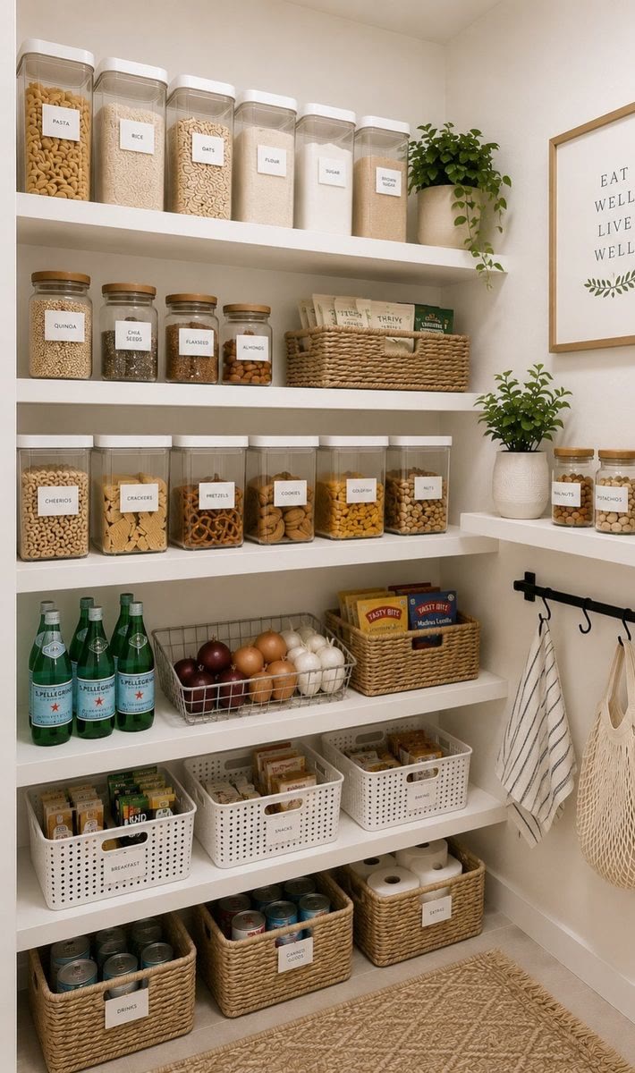 Pantry with shelves, virtually staged