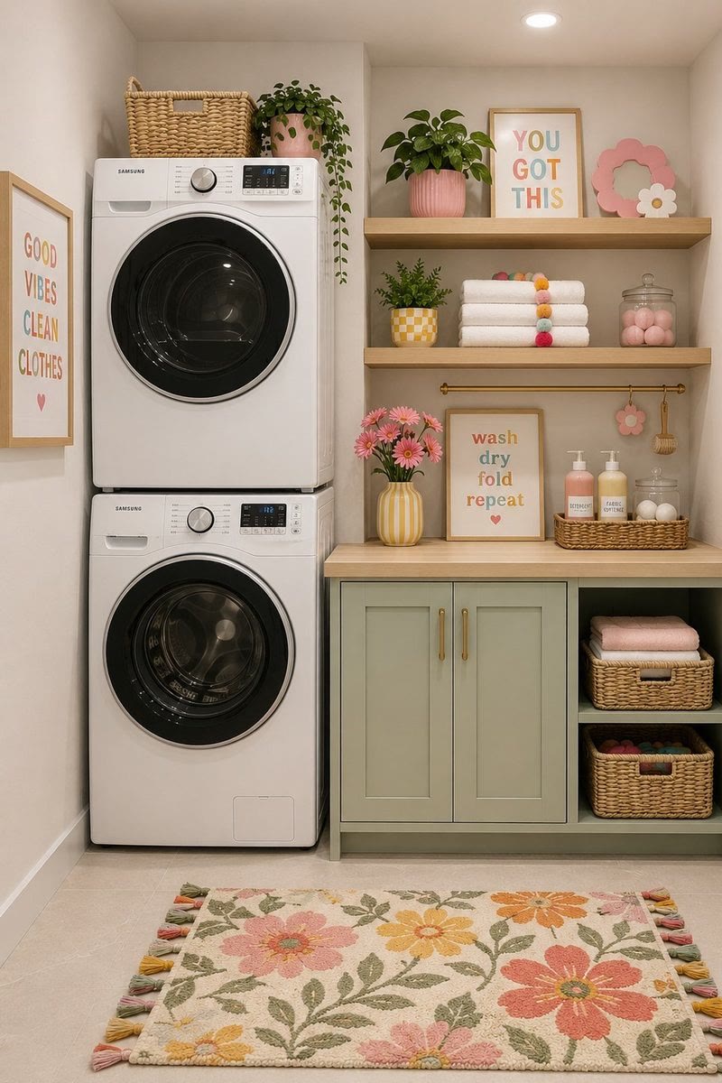 Indoor laundry room with stacked washer and dryer, virtually staged