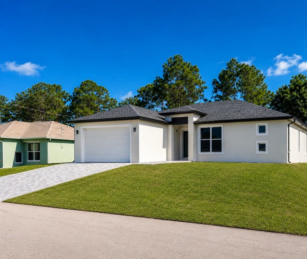 Exterior view of the home from the street, with lawn and garage driveway